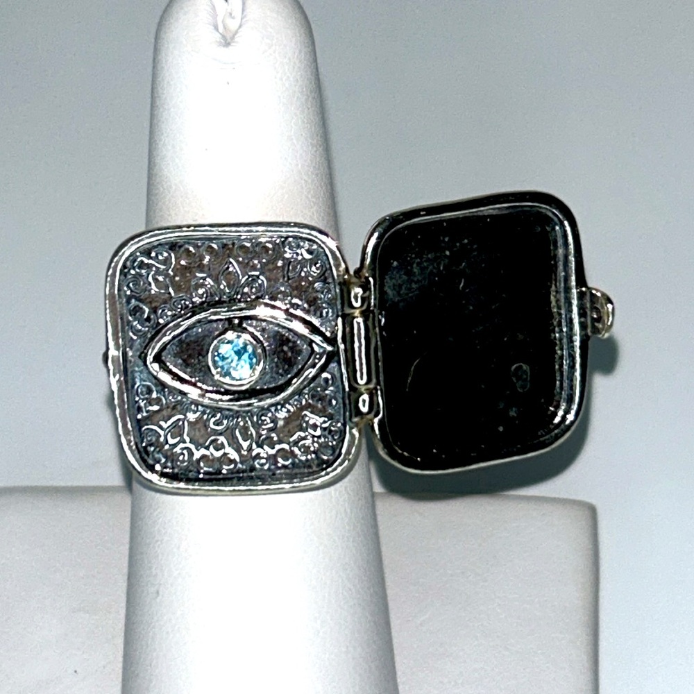 NWT Passage to Israel Sterling Silver Genuine Blue Topaz Evil Eye Locket Ring